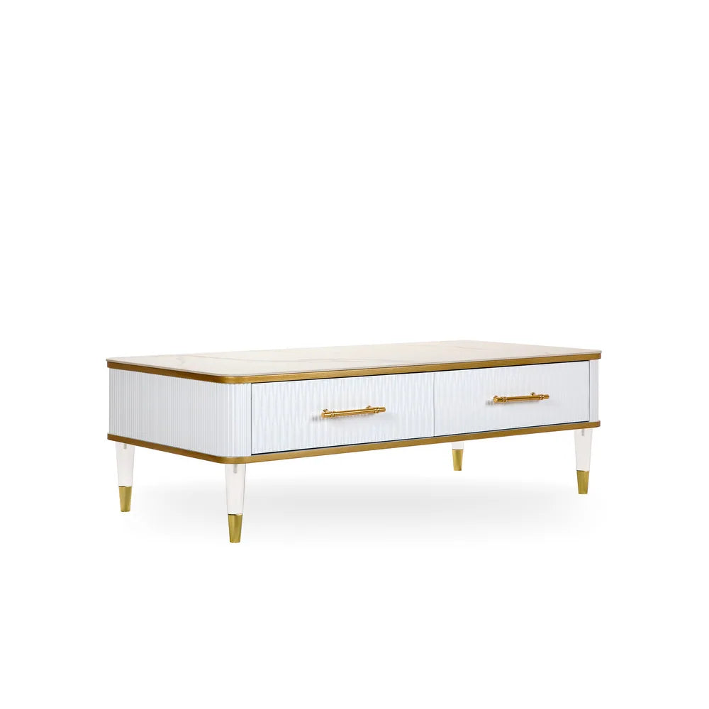 Luxo Nation Elegance: Contemporary Sintered Matte Stone Top Coffee Table with Drawer